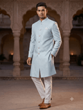 40" - SALE ! - Light Blue - Classic Rich Brocade Mens Sherwani - Smart Trousers - UK stock - 2/3 Days Delivery - YD2351 03JR232 - Prachy Creations