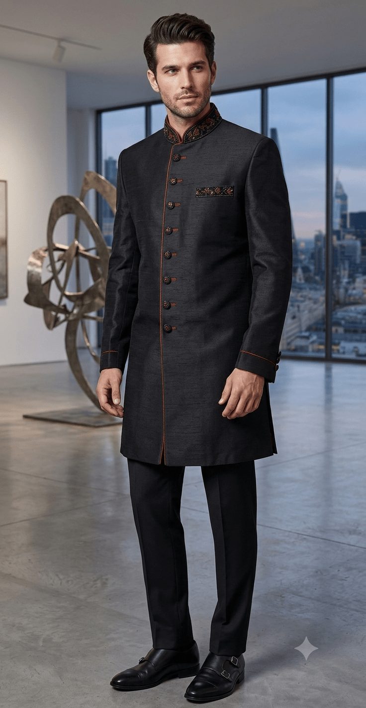 40" SALE ! - Mens Black Sherwani set - With Black trousers - Bollywood Party Weddings - VFEW852 HY0819 - Prachy Creations