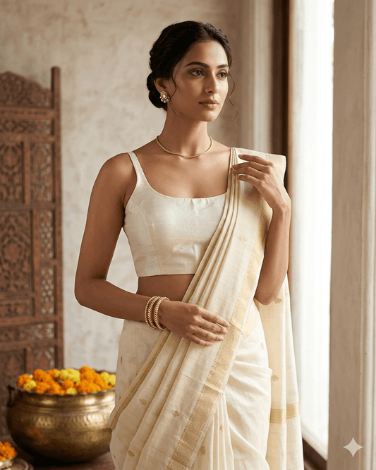 40" / UK 14 - Cream - Silky Designer Saree blouse with cups, Sleeveless - UK Stock - Quick Delivery - RNK - R651-H - Prachy Creations