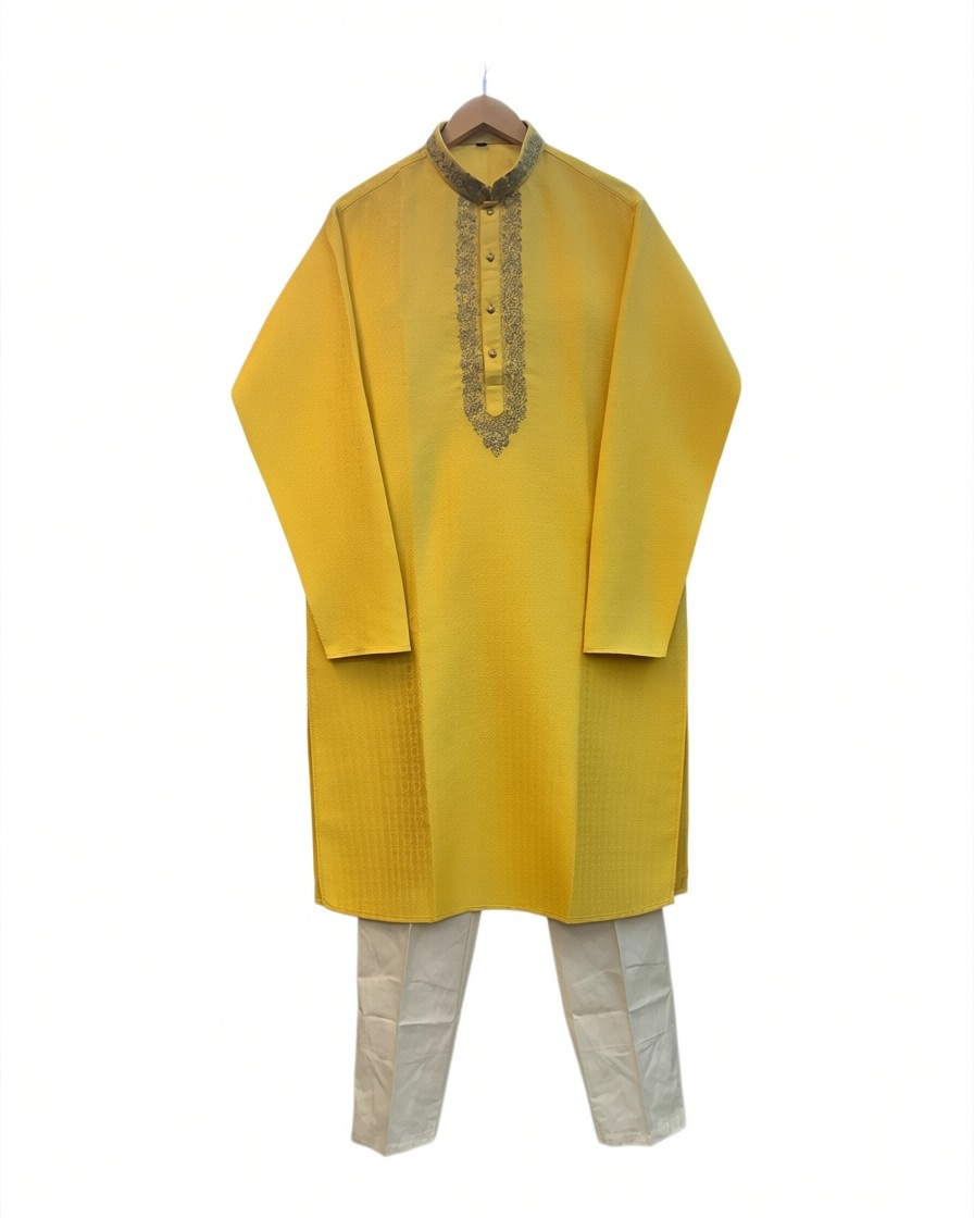 Haldi / Yellow - Self Brocade - Gold Thread Work Mens Kurta Set - Sangeet Mehendi Haldi - KCS2995 03KC26
