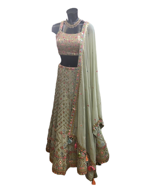 Sage Green - Mirror Work Chiffon Designer Lehenga Set - UK Stock - 24h Dispatch - Jaimala HP 0124