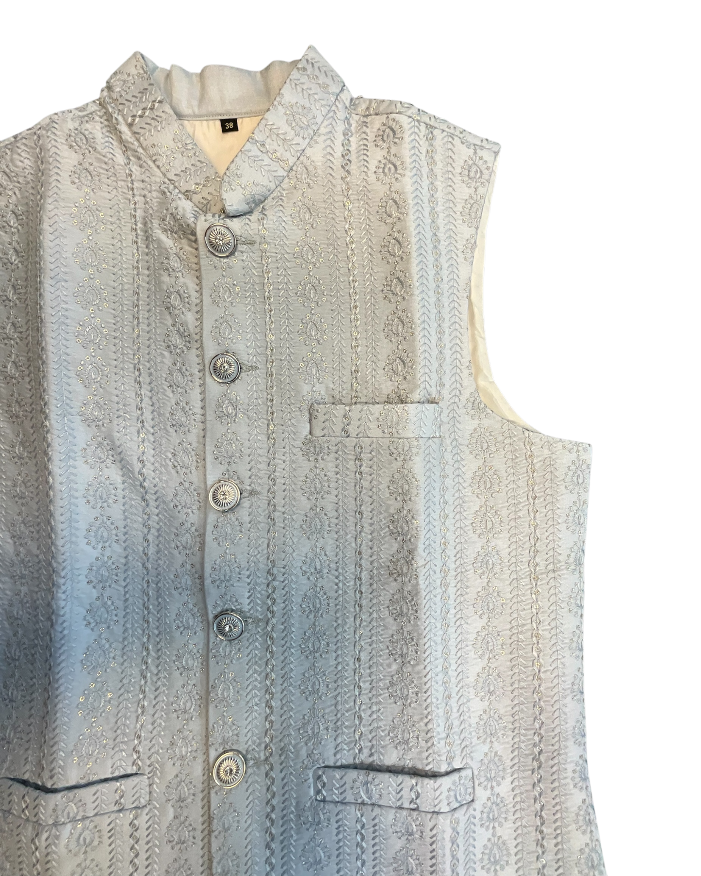 Silver / Pastel Grey - All Over Embroidered - Mens Indian Waistcoat - UK Stock - 24 hr Dispatch - KCS4089 06KC26