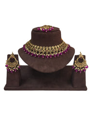 Magenta - Large Size Antique Gold Finish Necklace Set with Earrings - VJY403  C 0424