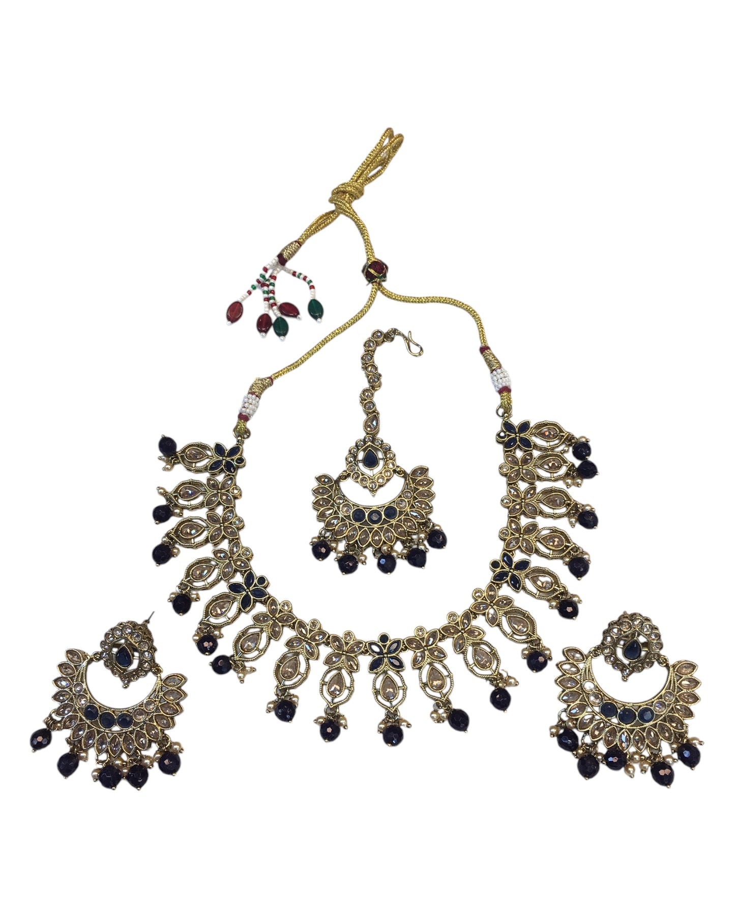 Navy Blue - Large Size Antique Gold Finish Necklace Set with Earrings - AV7783  11KK24