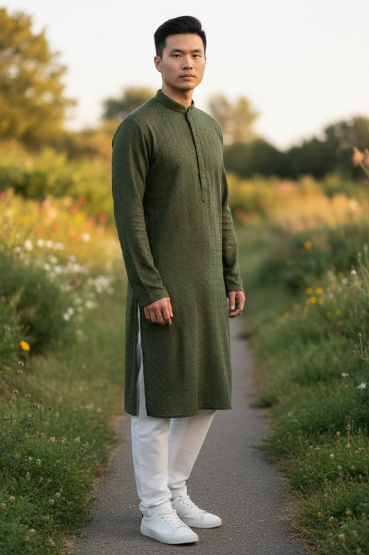 Henna Mehndi Green - Rich Sequins Lucknowi Chiffon Mens Indian Kurta Set with Smart Pants - Weddings / Walimas , Sangeet, Eid, Mehndi / Henna - SHU2502 KC 0325