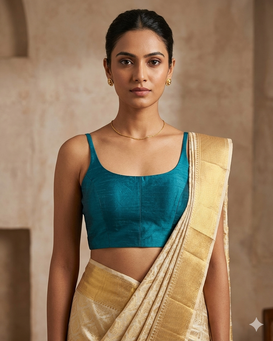 38" / UK 12 - Teal - Silky Designer Saree blouse with cups,  Sleeveless - UK Stock - Quick Delivery - RNK - R651-H