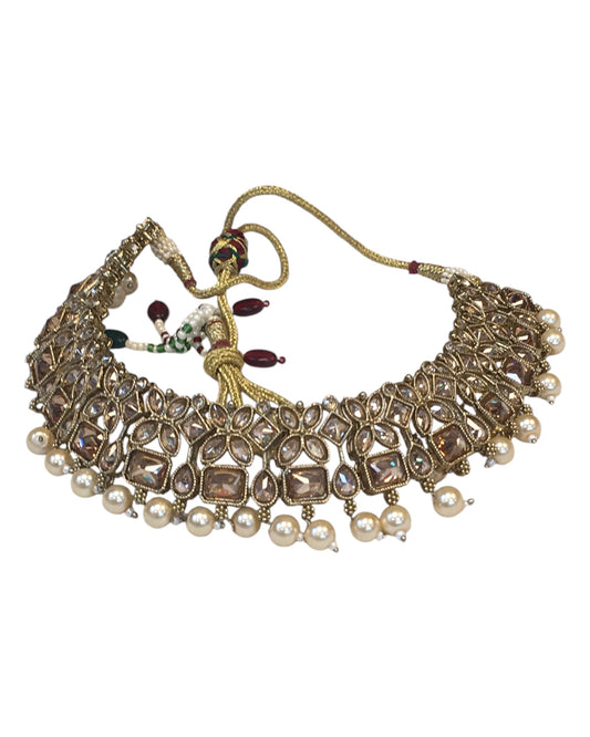 Gold - Large Size Antique Gold Finish Necklace Set with Earrings - SB396  11KK24