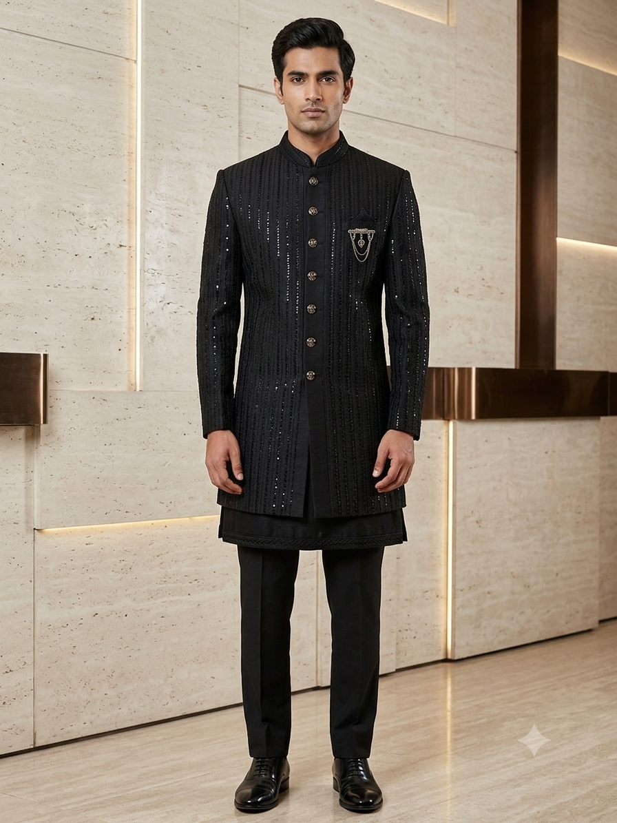 SALE ! Black - Stunning Double Layered Mens Sherwani - SHU2506 JC 0325