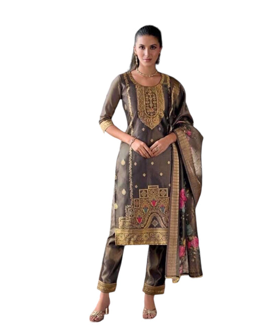 Dark Grey - Banarasi Handloom Ladies Indian Salwar Suit with Printed Dupatta - Available in Size 10 (36") LL-FAR22405 TY 1024