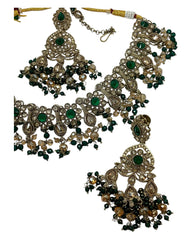 Green - Large Size Antique Gold Finish Necklace Set with Earrings & Head Piece - Bollywood - AE2513 08KK25