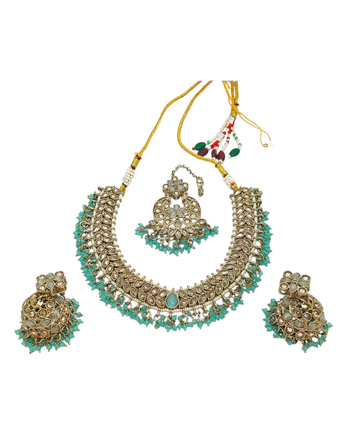 Light Turquoise Blue - Large Size Antique Gold Finish Necklace Set with Earrings & Tika (Head Piece) - UK Stock - GGA17 08KK25