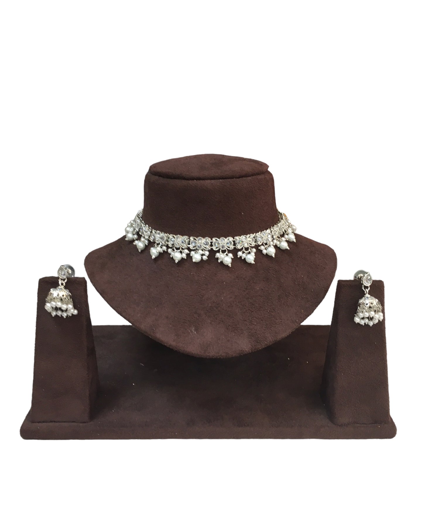 Clear - Small Size Silver Finish Necklace Set with Earrings - VJY402  A 0424