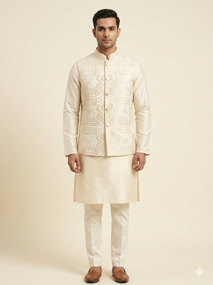 Cream - Rich All Over Embroidered - Mens Indian Waistcoat - UK Stock - 24 hr Dispatch - KCS4088 06VV26