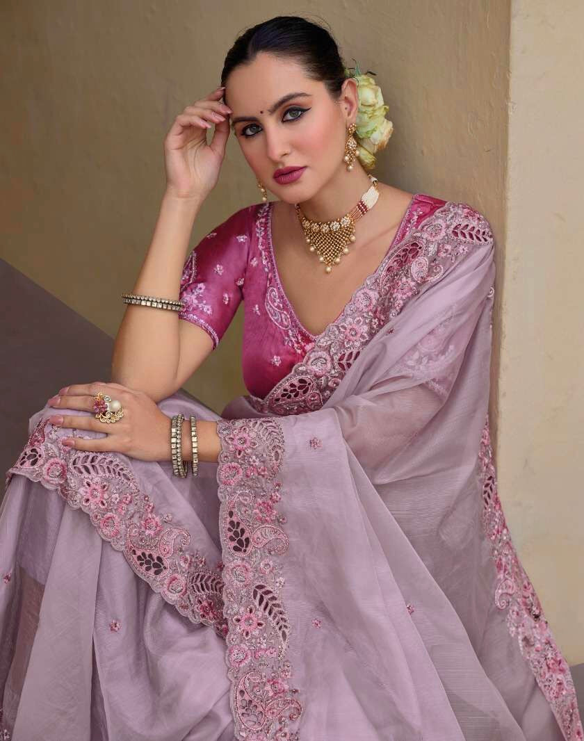 Lilac - Chiffon Saree with Fancy Ready made Blouse - TAT6905  JY 0624