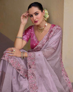 Lilac - Chiffon Saree with Fancy Ready made Blouse - TAT6905  JY 0624