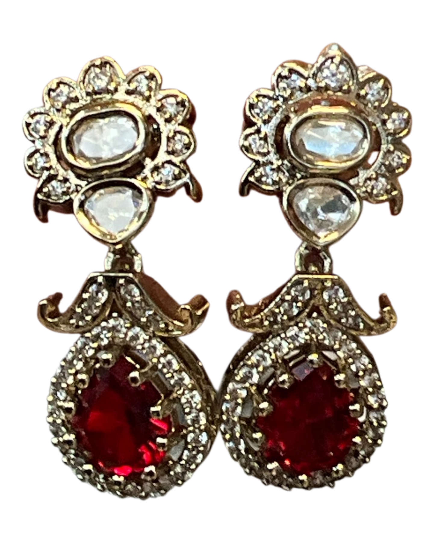 Red - Small - Antique Gold Finish Traditional Earrings - Bollywood - Weddings - 15ER715 07J26