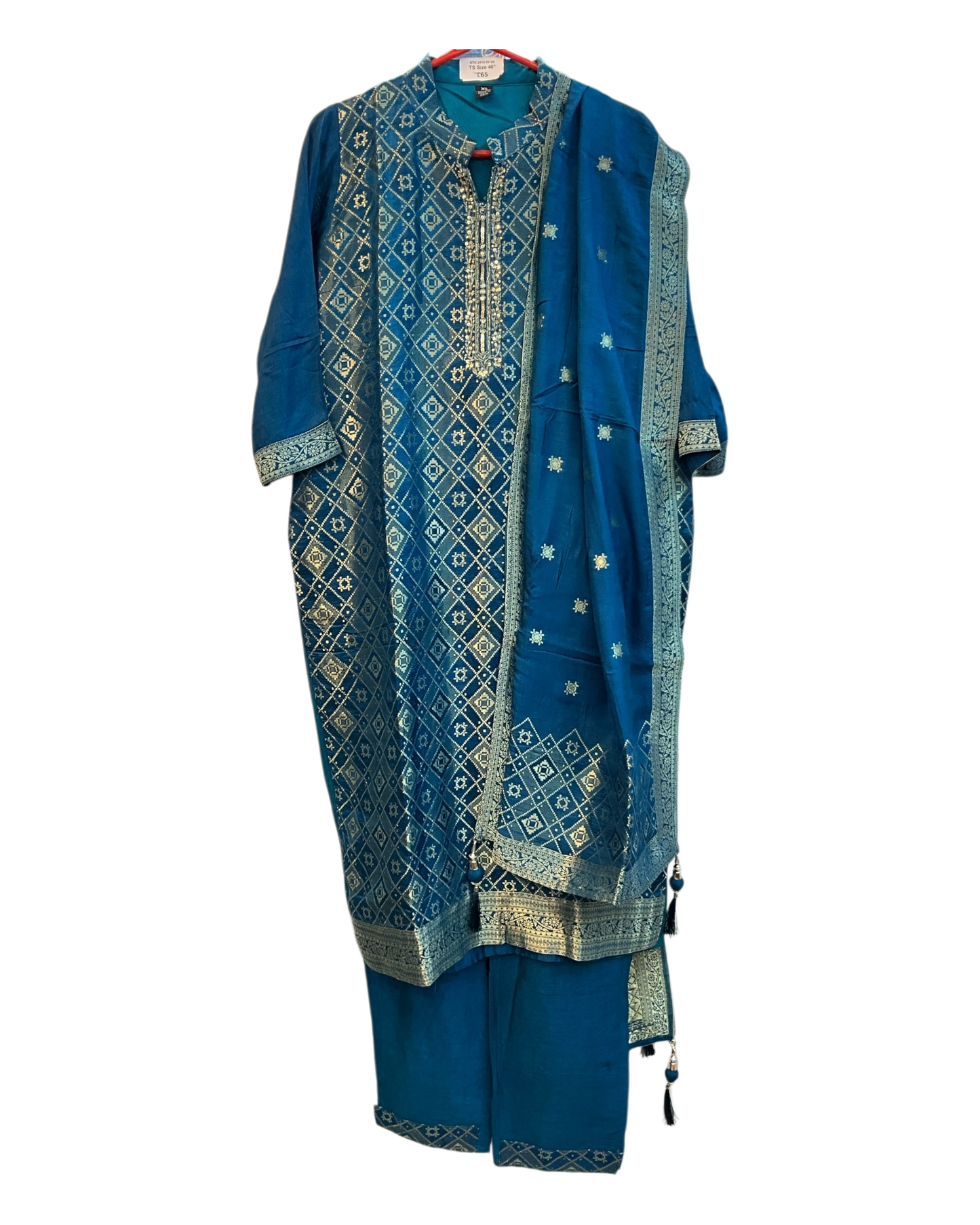 UK 14 / 40" - Petrol Blue - Silky Brocade Ladies Trousers Suit - Sangeet / Henna / Temple - KTC241063 VA