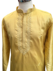 Lemon Yellow -  Silky Self Emroidered Mens Indian Kurta set Sangeet, Temple, Eid, Mehndi or Funeral ( with Draw stringed trousers) - YD2407 KR 0324