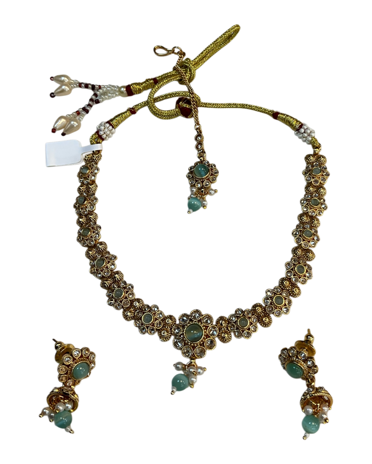 Sea Green - Medium Size Gold Finish Necklace Set with Earrings & Head Piece - SLV90 04Cp26