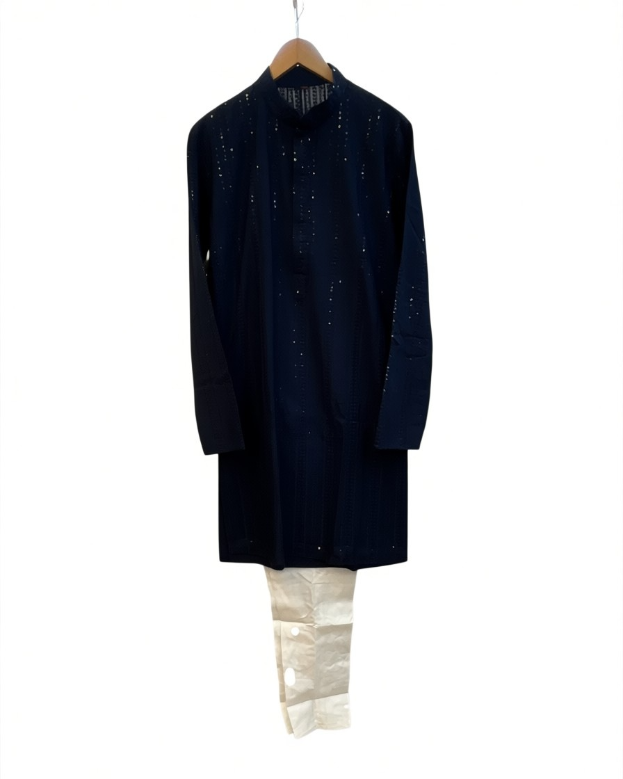 Navy Blue - Lucknawi Chikankari Chiffon Self Sequins Mens Indian Kurta set - Weddings / Walimas , Sangeet, Mehndi / Henna , Eid / Diwali - SHU2608 05KP26