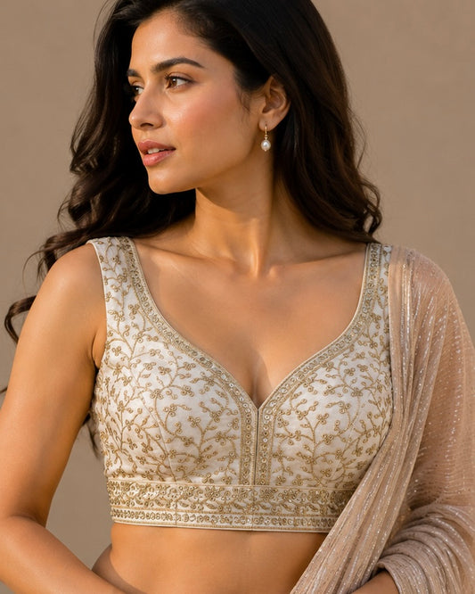 40" / UK 14 - Cream - Rich Emroidered Saree blouse with cups,  Sleeveless - UK Stock - Quick Delivery - RNK - R927 KT
