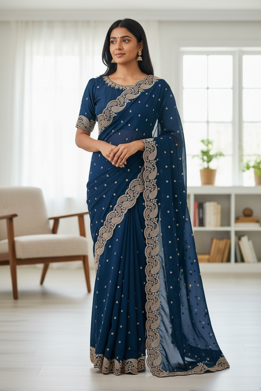 Navy Blue - Rich Saree with Stone Work Border and Blouse Piece - UK stock - 24hr Dispatch - RS2532 TC