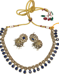 Navy Blue - Medium Size Antique Gold Finish Necklace Set with Earrings - SV2403  H 0424