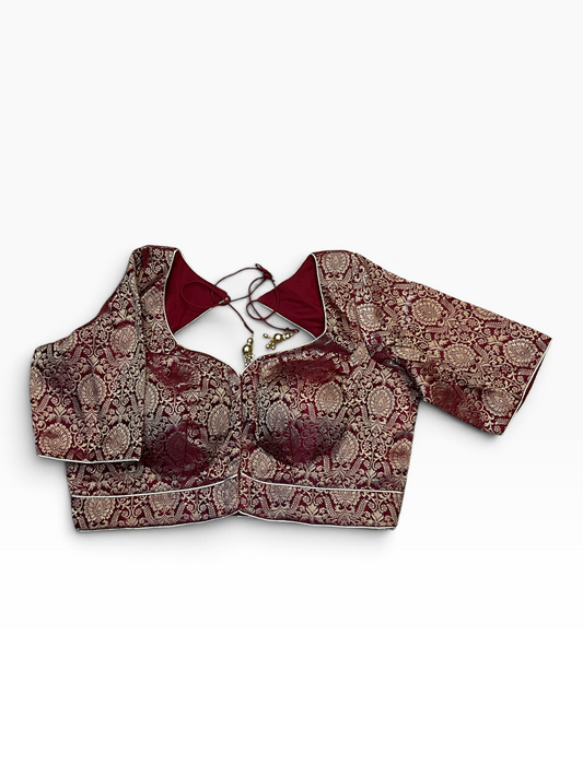 Size 38" / UK 12 - Maroon - Banarasi Brocade Saree Blouse with Elbow-Length Sleeves - UK Stock - With Margin inside - VAM1358 - H