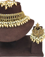 Gold / Neutral - Large Size Antique Gold Finish Necklace Set with Earrings - JE15  KY 0424