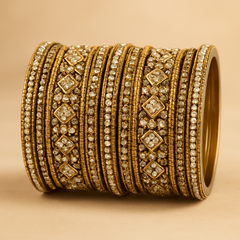 Gold Stone and Pearl - Antique Gold Finish Bangles Set (Set of 18) - UK stock - SM, M, L, XL JAN2611 05P25
