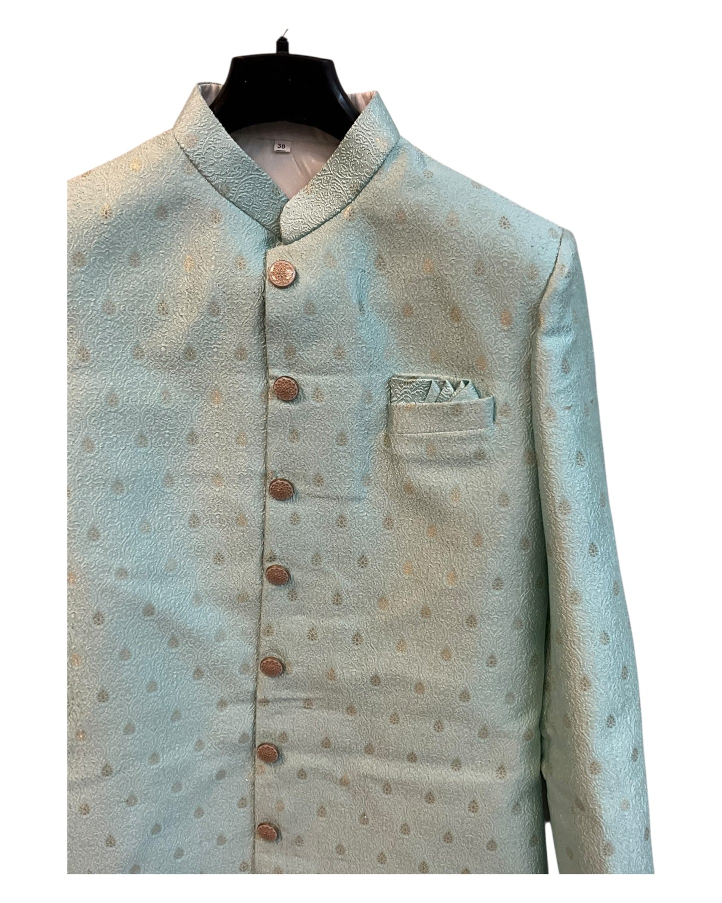 Sky / Light Blue - Classic Banarasi Handloom Brocade Sherwani with Gold Buttons - UK Stock - BS787 08JC25