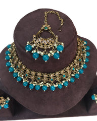 Turquoise Blue - Large Size Antique Gold Finish Necklace Set with Earrings - VJY403  C 0424
