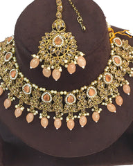 Peach - Large Size Antique Gold Finish Necklace Set with Earrings - VJY501  KYp 0424