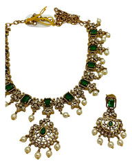 Green - Medium - Antique Gold Finish Necklace Set with Earrings & - AE2523 08KY25