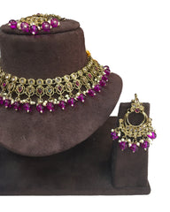 Magenta - Large Size Antique Gold Finish Necklace Set with Earrings - VJY403  C 0424