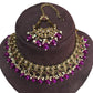 Magenta - Large Size Antique Gold Finish Necklace Set with Earrings - VJY403  C 0424