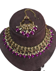 Magenta - Large Size Antique Gold Finish Necklace Set with Earrings - VJY403  C 0424