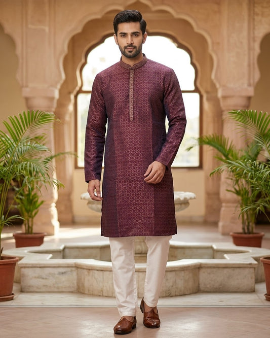 Maroon - Men’s Embroidered Jacquard Kurta Set with Trousers - UK Stock - Weddings / Walimas , Sangeet, Diwali, Eid, Mehndi / Henna - VEE3075 VY