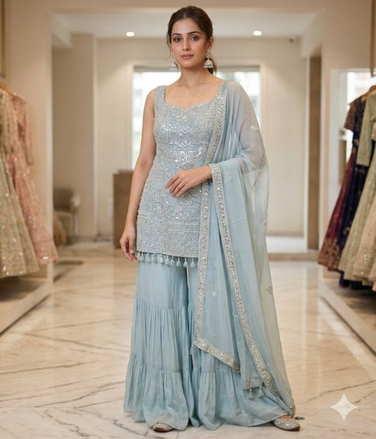UK 12 / 38" - Pastel Light Blue - Designer Ladies Indian Medium Top Palazzo Trousers Suit - UK Stock - 2/3 days delivery - VMK CHARMI RP