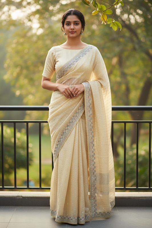 Lemon Yellow - Chiffon -Fancy Party Saree with Blouse Piece - SP2408 11VT24