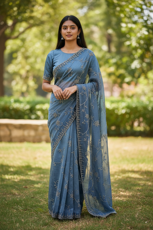Light Blue - Rich Saree with Allover Embroidery and Blouse Piece - UK stock - 24hr Dispatch - RS2526 PK
