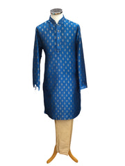 Cobalt Blue - Handloom Banarasi Mens Indian Kurta set Sangeet, Temple, Eid, Mehndi or Funeral ( with Draw stringed trousers) - KCS1063 KR 0324 KK