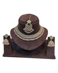 Baby Pink  - Medium Size Antique Gold Finish Necklace Set with Earrings & Tika Head piece - GGA05  KV 0525