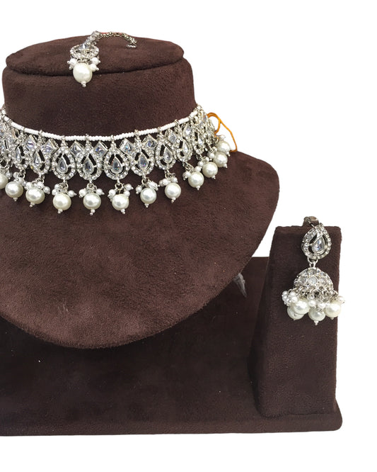 Clear - Medium Size Silver Finish Choker Necklace Set with Earrings - RAK149  C 0424
