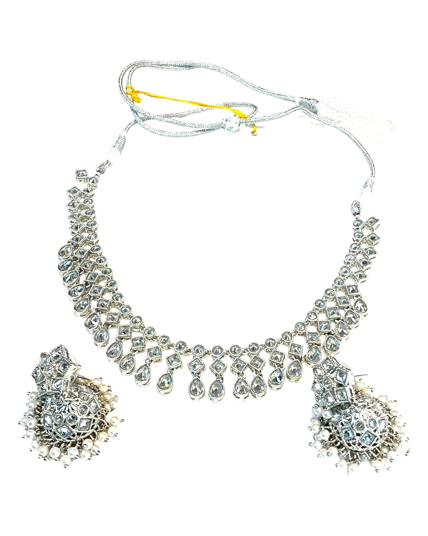 Silver / Clear - Medium Size Silver Finish Necklace Set with Earrings - SJ06 08H25