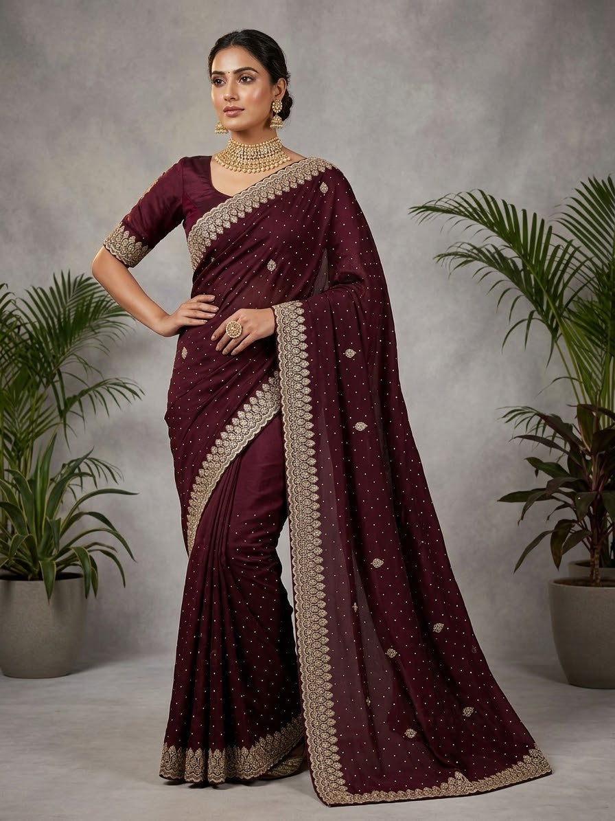 Wine - Fancy Party Saree with Blouse Piece - UK stock - 24hr Dispatch - SP2603 VY