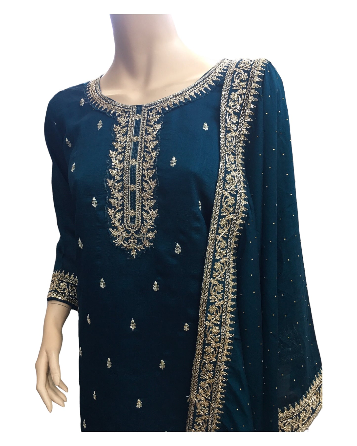 Teal - UK 16 / 42" - Simple / Classy Chiffon Printed Ladies Indian Salwar Suit with Dupatta - DCB2417 VY 0824