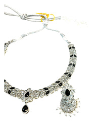 Black - Small Size Silver Finish Necklace Set with Earrings - SJ05 08C25