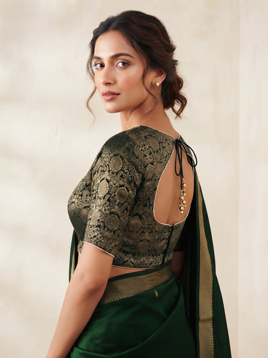Size 38" / UK 12 - Bottle Green - Banarasi Brocade Saree Blouse with Elbow-Length Sleeves - UK Stock - With Margin inside - VAM1358 - H