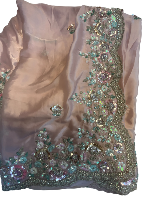 Sale! Baby Pink - Pastel Sequins Silky Saree with Blouse Piece - MF3801  JJ 0824